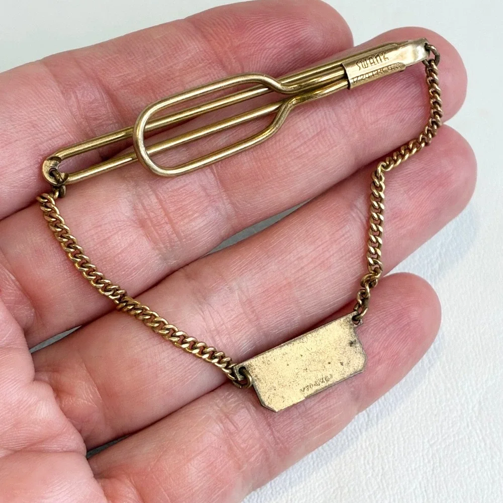 Vintage Swank Tie Chain Gold Filled Bar Clip Plaque Curb Link Mens Accessory